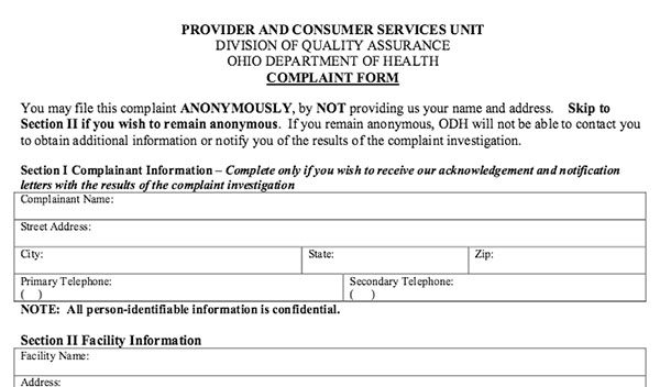 Complaint Form for Ohio care facilities example