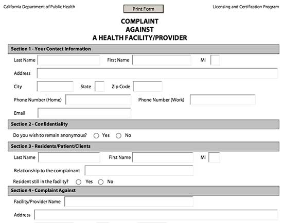 Printable Complaint Form California example