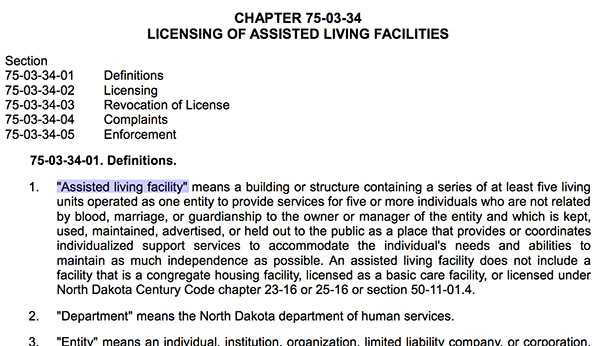 North Dakota assisted living definitions
