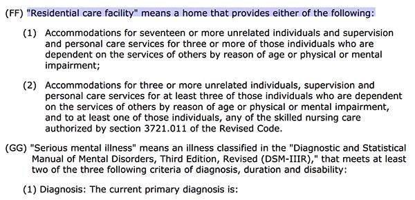 Residential Care definition for Ohio