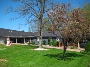 The exteriors are surrounded by trees and lush yards