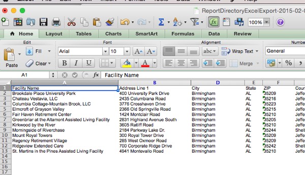 Facility Excel list example for Alabama