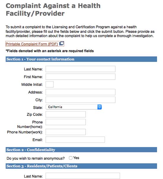 Online complaint form CA