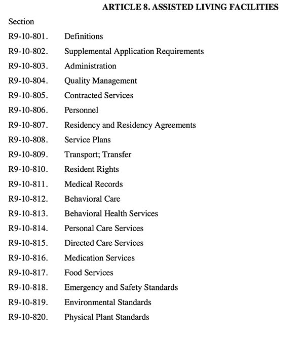 Arizona Regulations categories