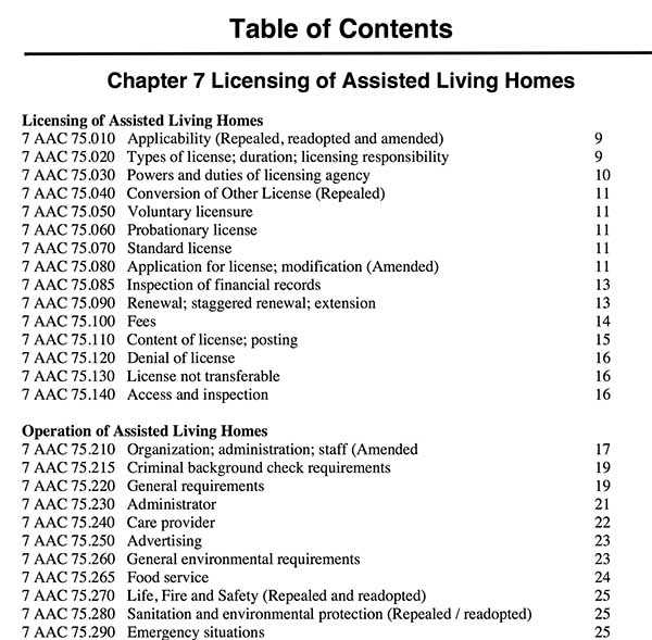 Assisted Living Regulations table of contents snapshot