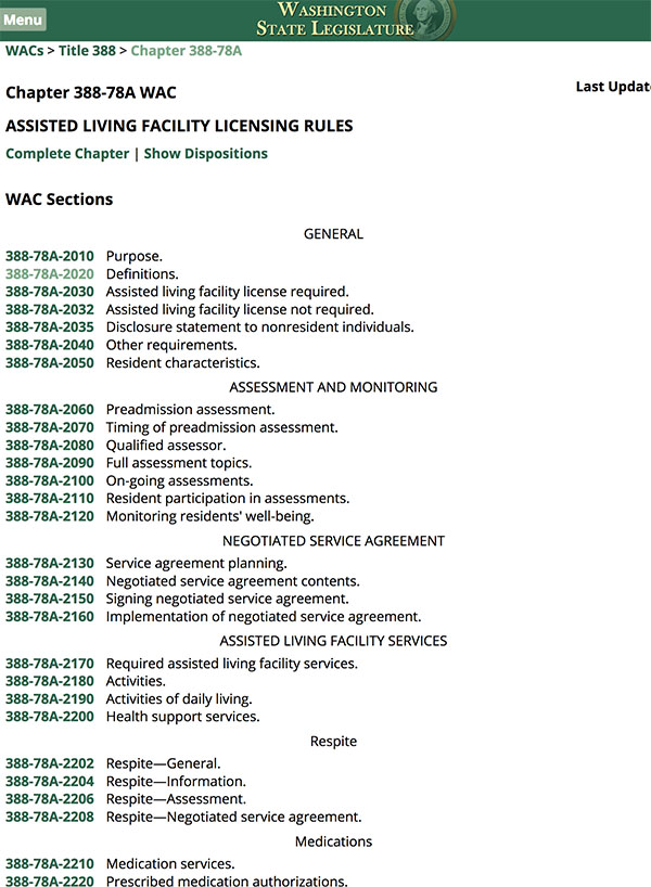 Washington's Rules for Assisted Living