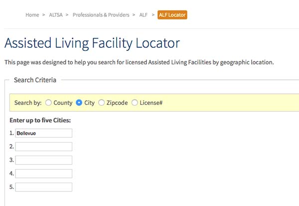 Facility Locator example for Washington